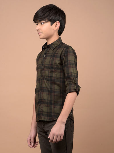 Olive Checked 100% Cotton Shirt-Boys Shirts-Crimsoune Club