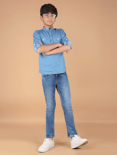 Blue 100% Cotton Denim Kurta-Boys Kurtas-Crimsoune Club