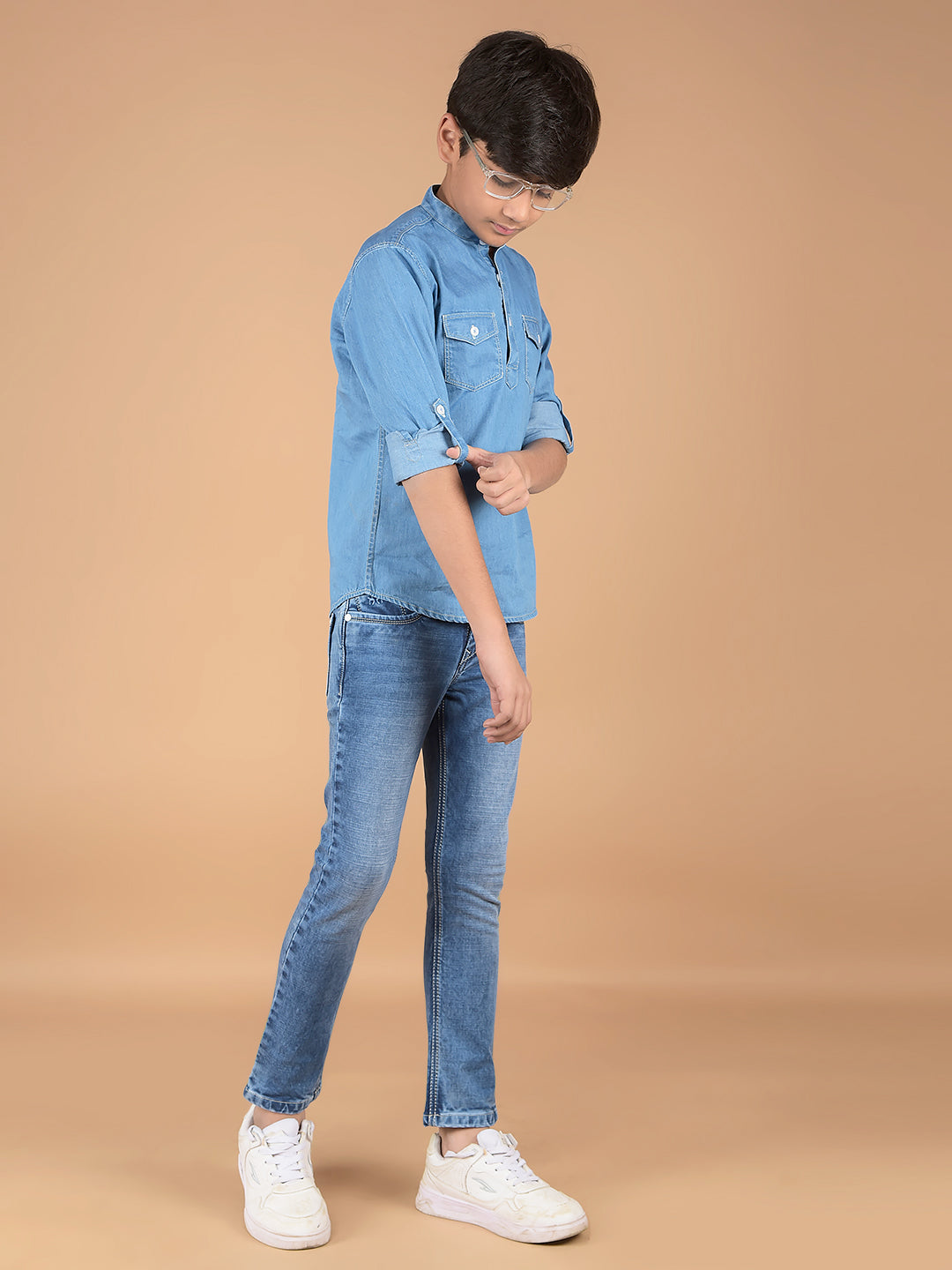 Blue 100% Cotton Denim Kurta-Boys Kurtas-Crimsoune Club