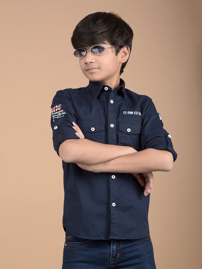 Navy Blue Button Down Collar Shirt-Boys Shirts-Crimsoune Club