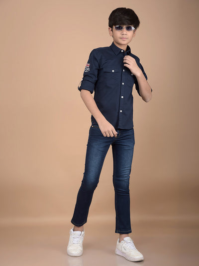 Navy Blue Button Down Collar Shirt-Boys Shirts-Crimsoune Club