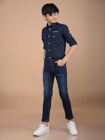 Navy Blue Button Down Collar Shirt-Boys Shirts-Crimsoune Club