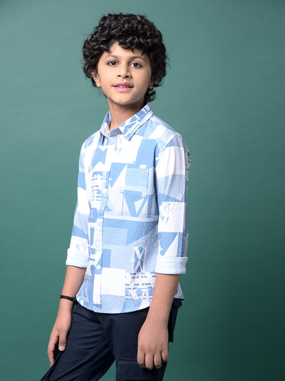 Blue Typographic Print Shirt-Boys Shirts-Crimsoune Club