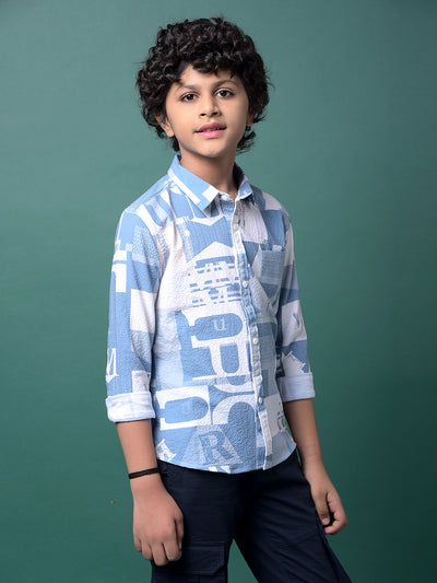 Blue Typographic Print Shirt-Boys Shirts-Crimsoune Club