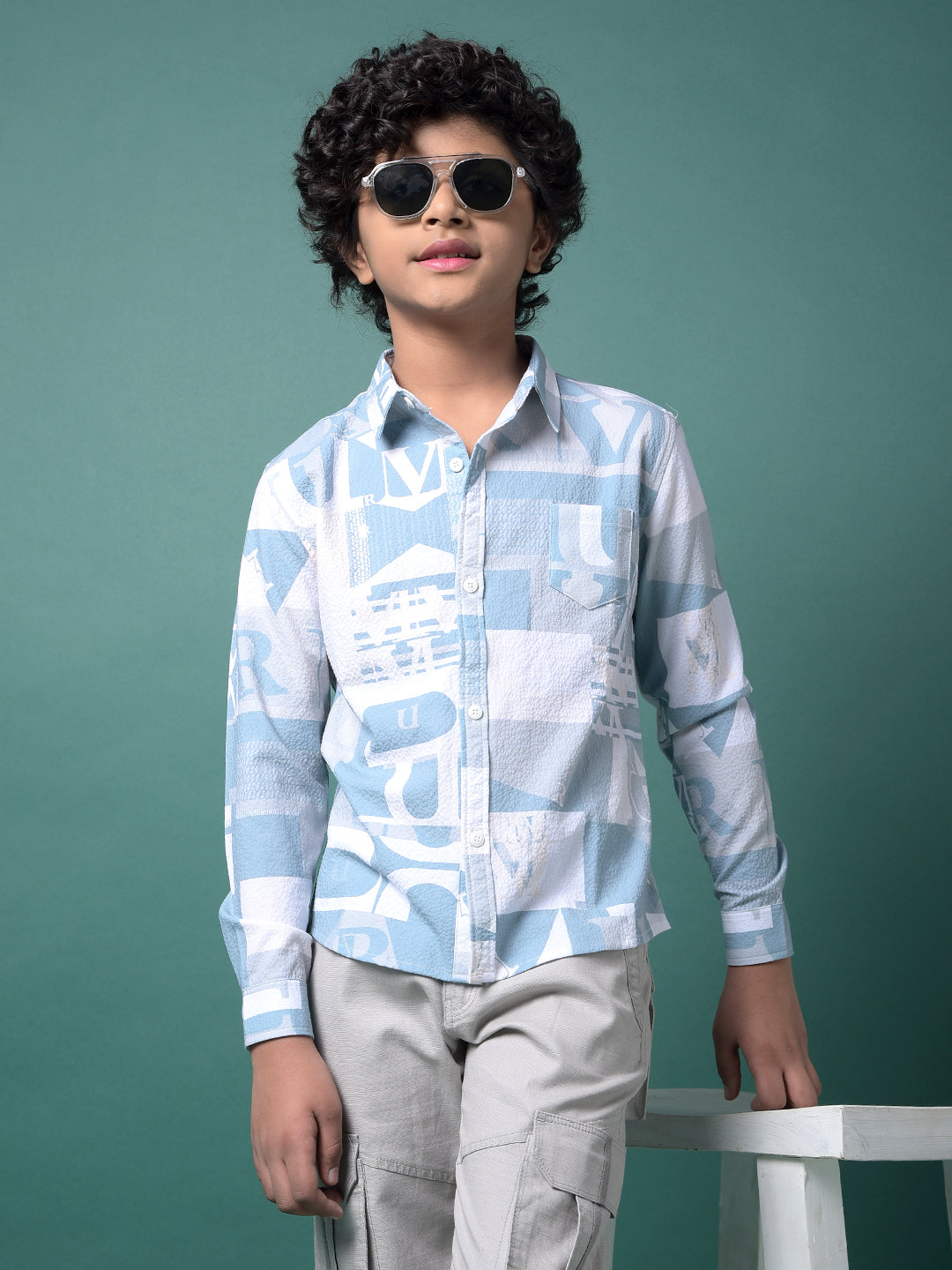 Blue Typographic Print Shirt-Boys Shirts-Crimsoune Club