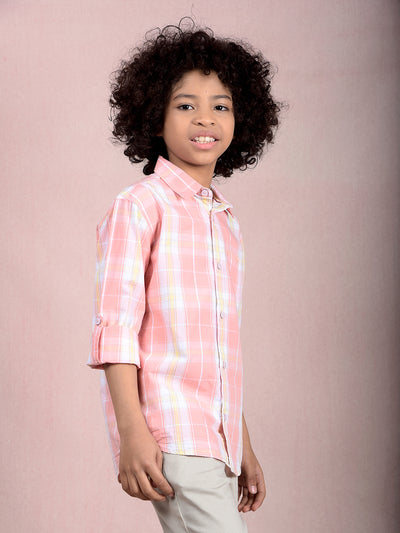 Peach Checked 100% Cotton Shirt-Boys Shirts-Crimsoune Club