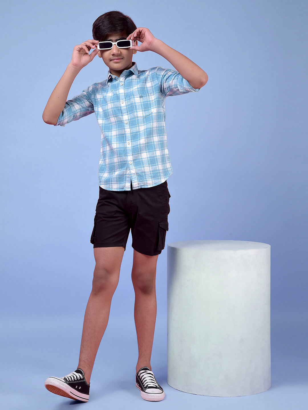 Blue Checked 100% Cotton Button-Down Collar Shirt-Boys Shirts-Crimsoune Club