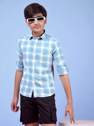 Blue Checked 100% Cotton Button-Down Collar Shirt-Boys Shirts-Crimsoune Club