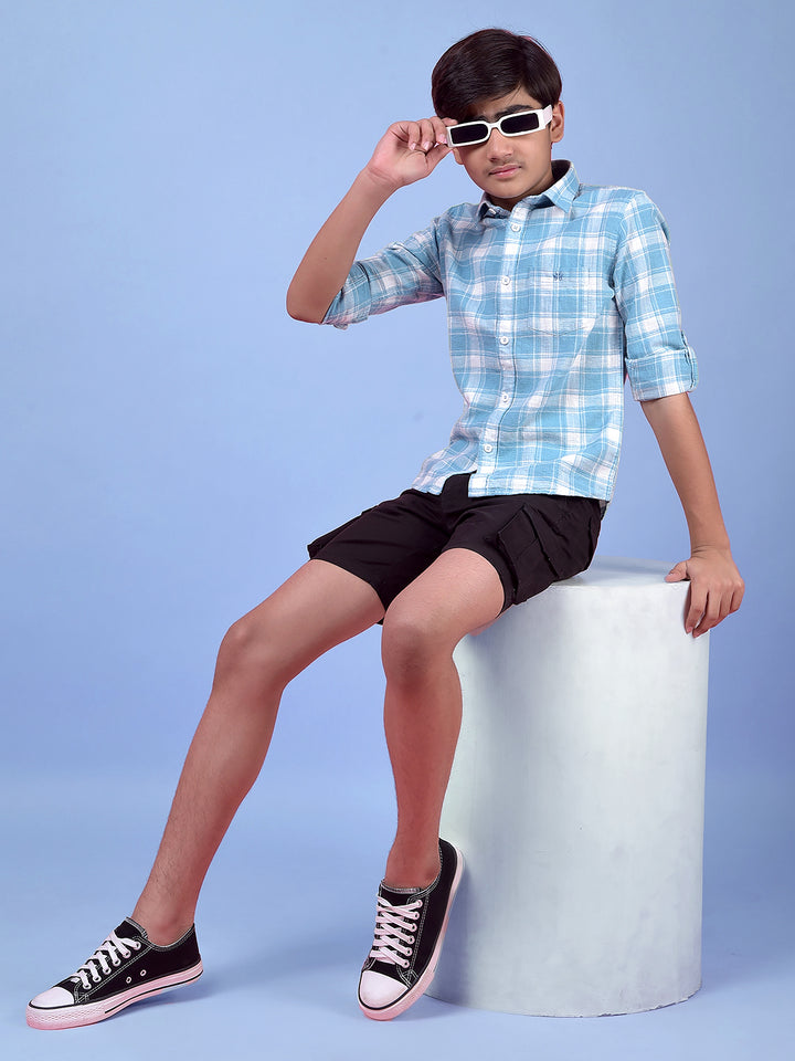 Blue Checked 100% Cotton Button-Down Collar Shirt-Boys Shirts-Crimsoune Club