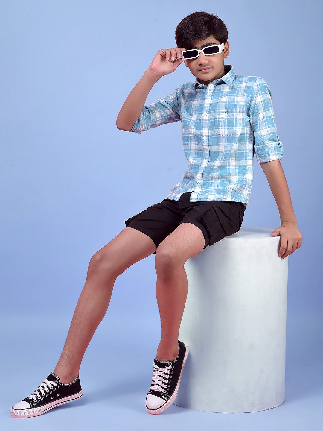 Blue Checked 100% Cotton Button-Down Collar Shirt-Boys Shirts-Crimsoune Club