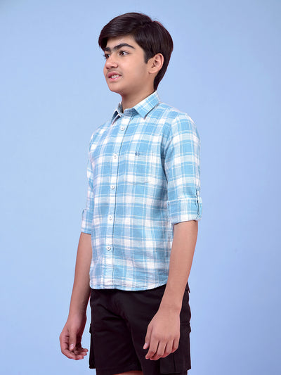 Blue Checked 100% Cotton Button-Down Collar Shirt-Boys Shirts-Crimsoune Club