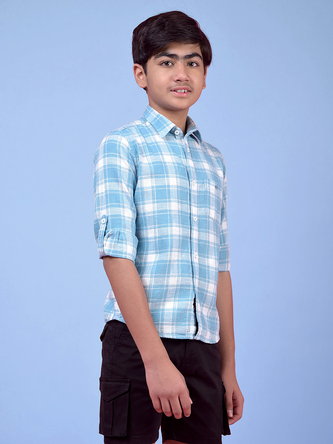 Blue Checked 100% Cotton Button-Down Collar Shirt-Boys Shirts-Crimsoune Club