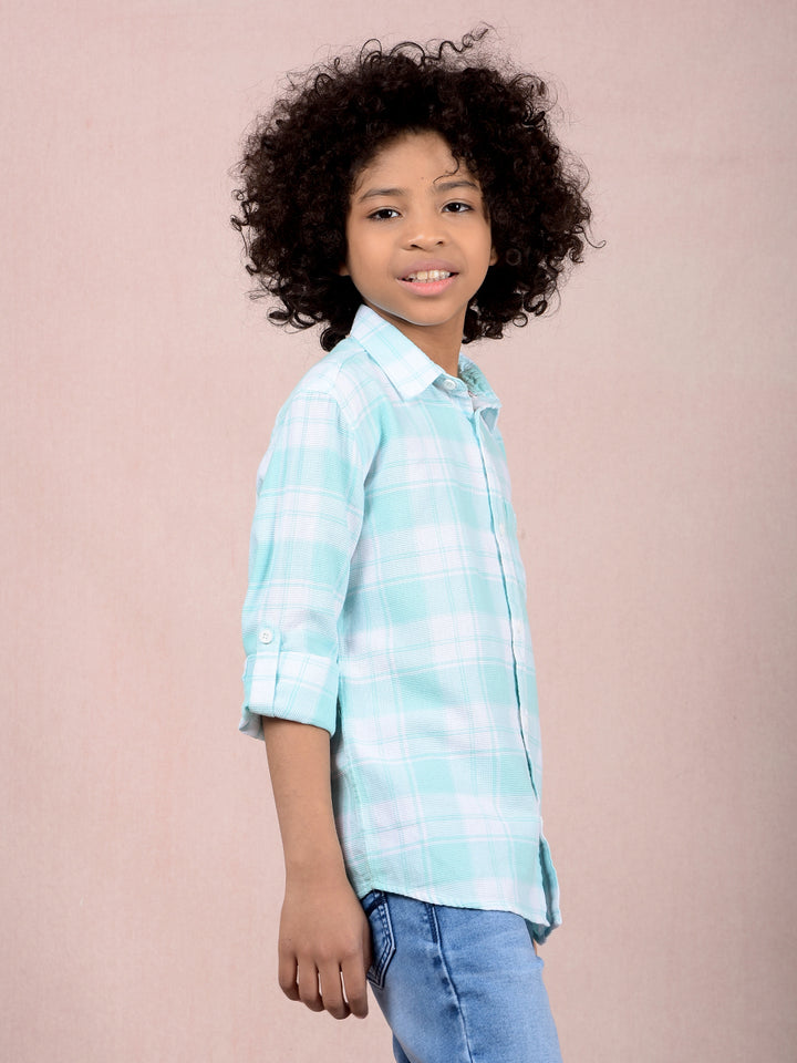 Green Checked 100% Cotton Knitted Shirt-Boys Shirts-Crimsoune Club