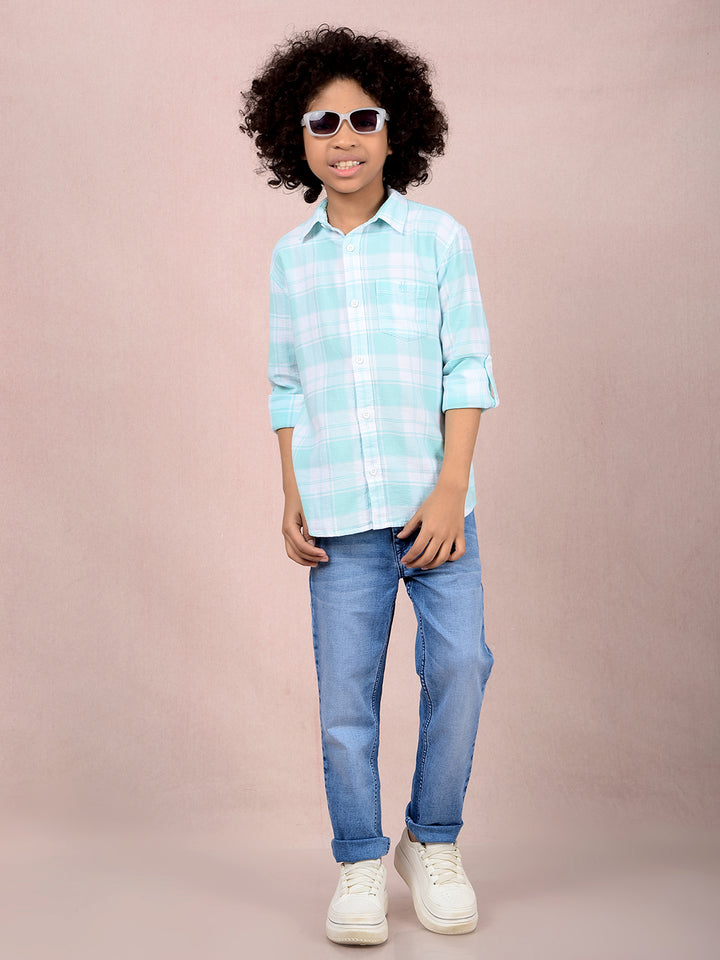 Green Checked 100% Cotton Knitted Shirt-Boys Shirts-Crimsoune Club