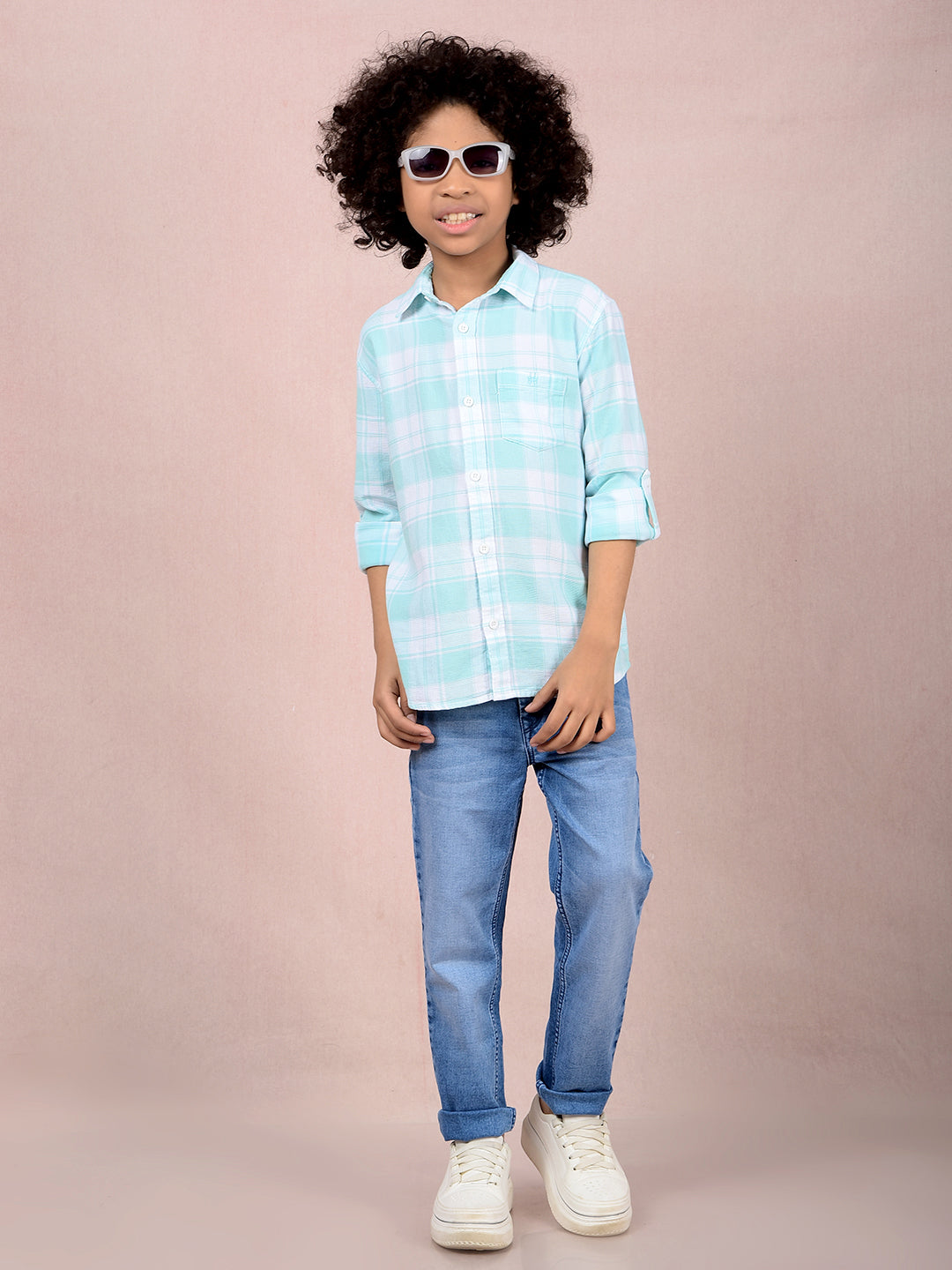 Green Checked 100% Cotton Knitted Shirt-Boys Shirts-Crimsoune Club