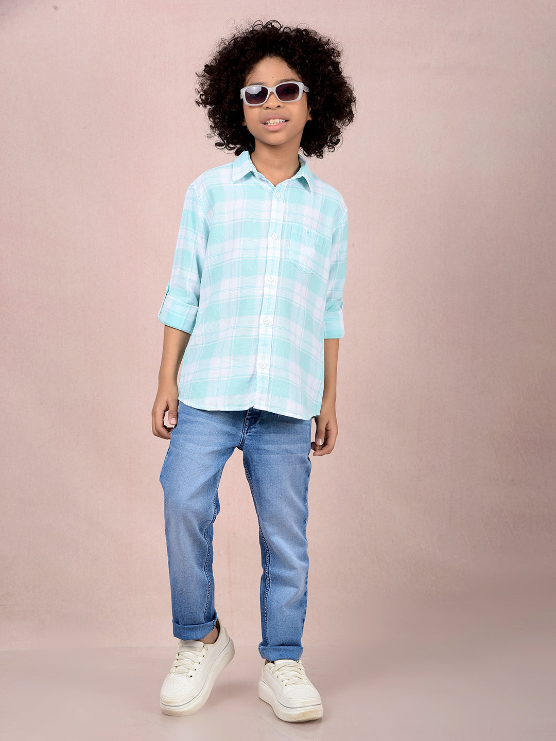Green Checked 100% Cotton Knitted Shirt-Boys Shirts-Crimsoune Club