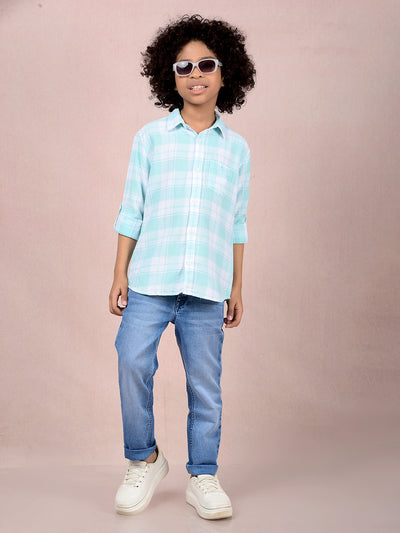 Green Checked 100% Cotton Knitted Shirt-Boys Shirts-Crimsoune Club