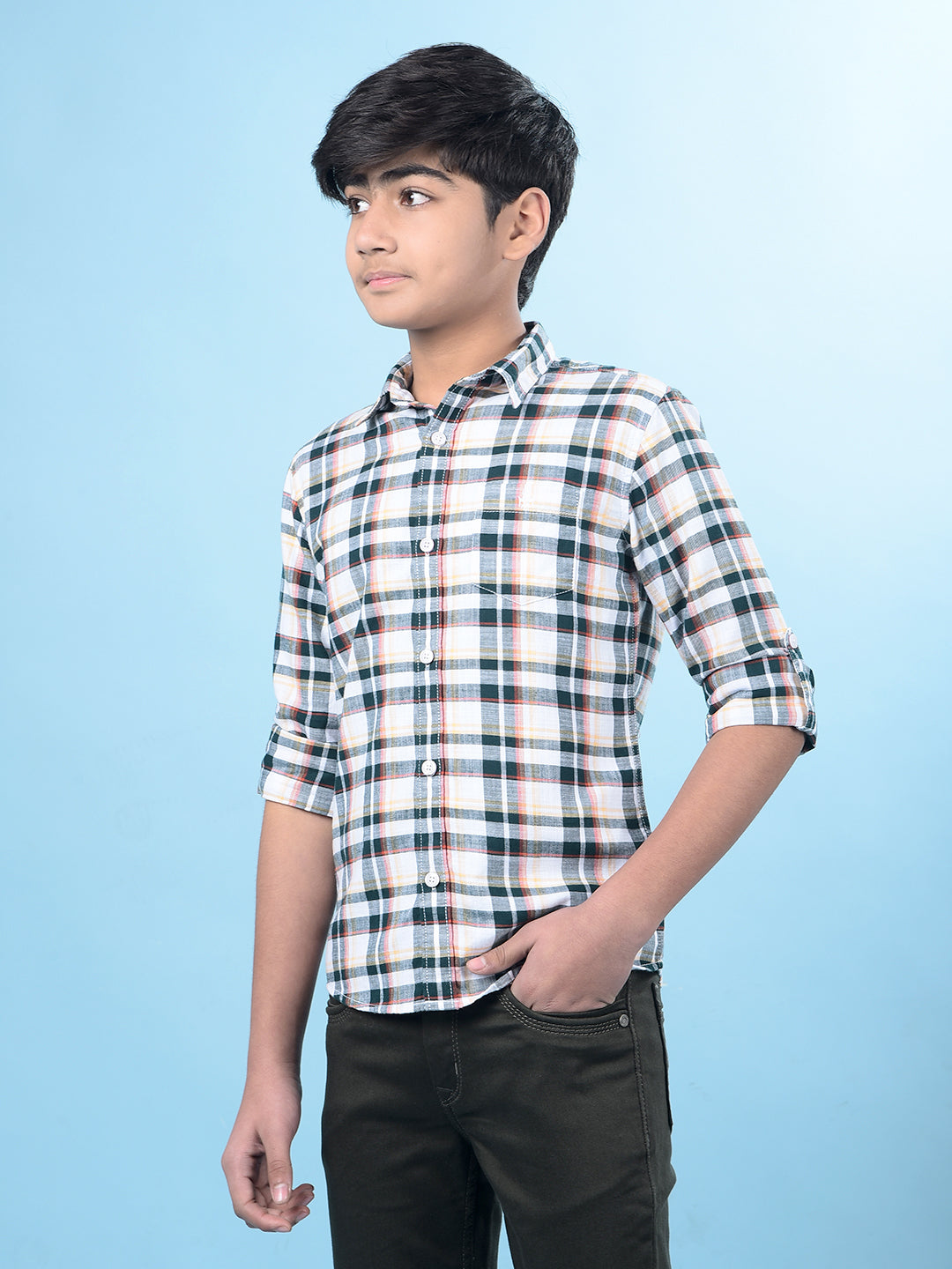 Orange Checked 100% Cotton Button-Down Collar Shirt-Boys Shirts-Crimsoune Club