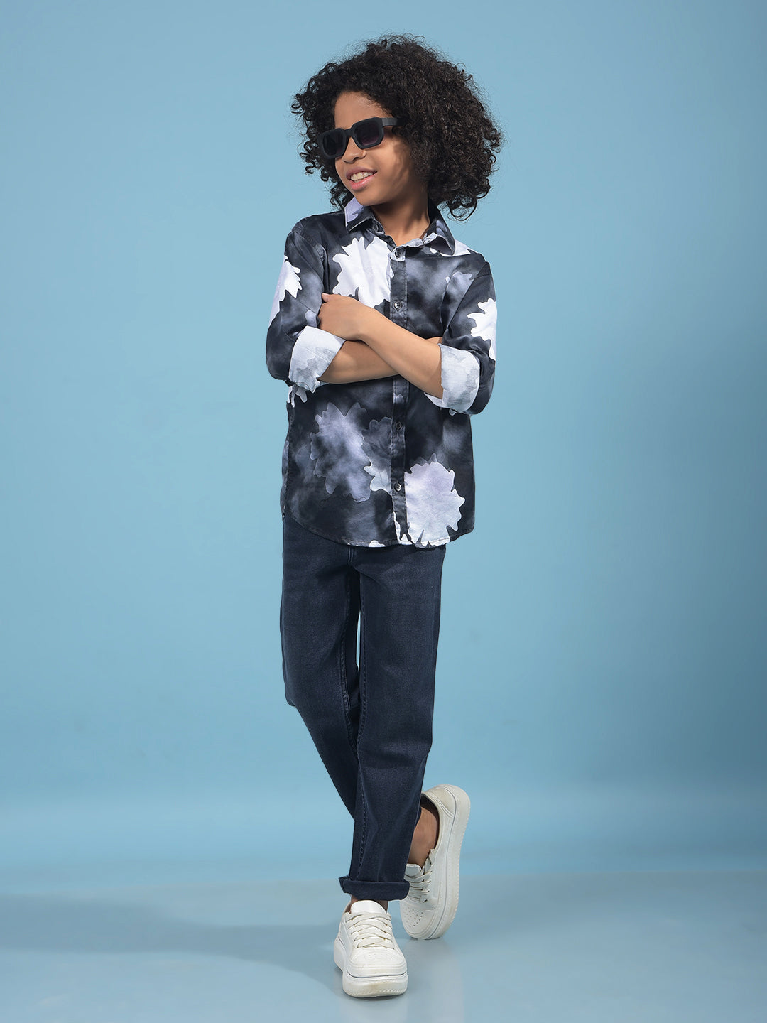 Grey Floral Print Shirt-Boys Shirts-Crimsoune Club