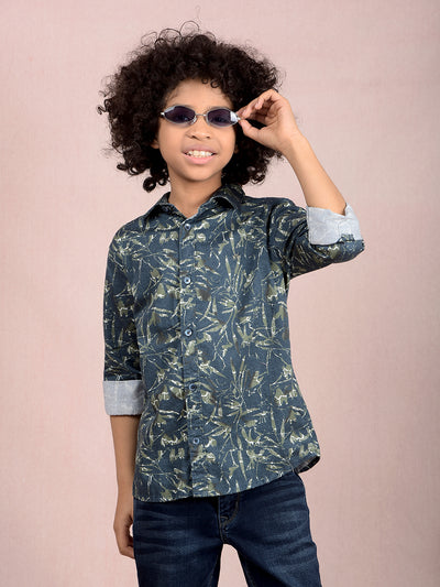 Green Floral Print 100% Cotton Shirt-Boys Shirts-Crimsoune Club