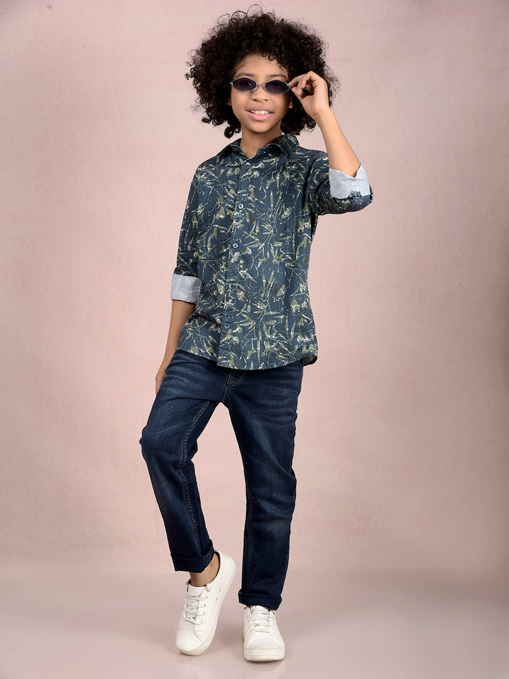 Green Floral Print 100% Cotton Shirt-Boys Shirts-Crimsoune Club