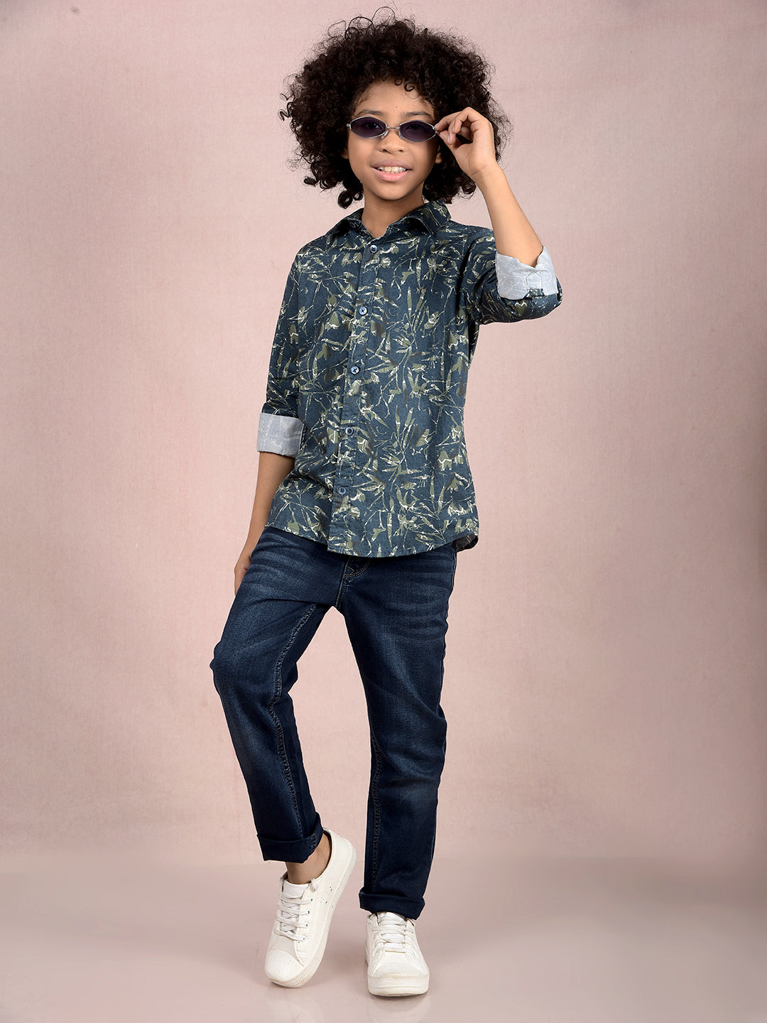 Green Floral Print 100% Cotton Shirt-Boys Shirts-Crimsoune Club