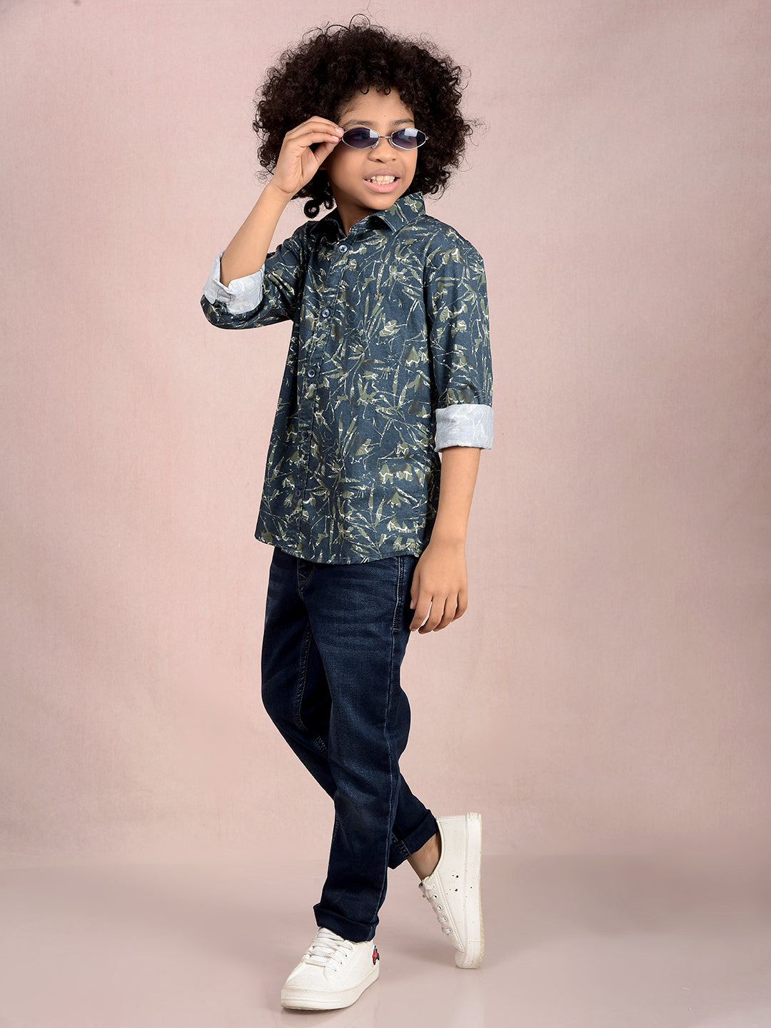 Green Floral Print 100% Cotton Shirt-Boys Shirts-Crimsoune Club