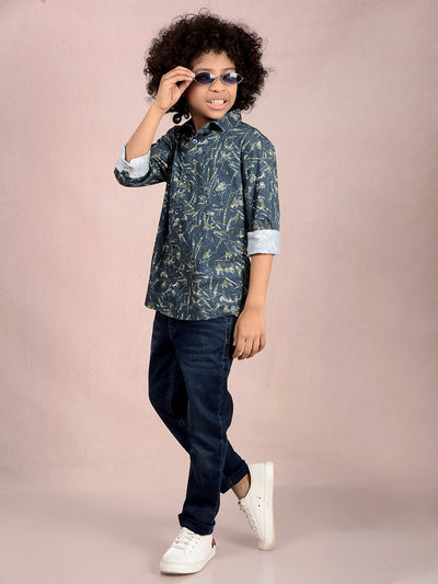 Green Floral Print 100% Cotton Shirt-Boys Shirts-Crimsoune Club
