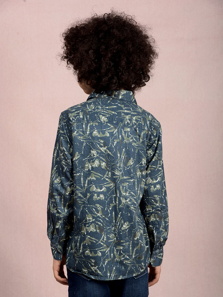 Green Floral Print 100% Cotton Shirt-Boys Shirts-Crimsoune Club