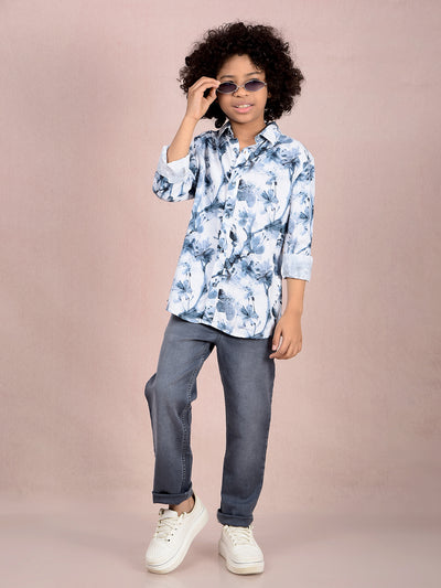 Grey Floral Print Shirt-Boys Shirts-Crimsoune Club