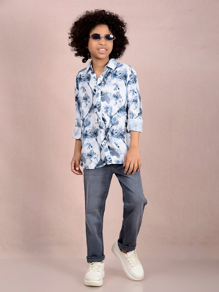 Grey Floral Print Shirt-Boys Shirts-Crimsoune Club