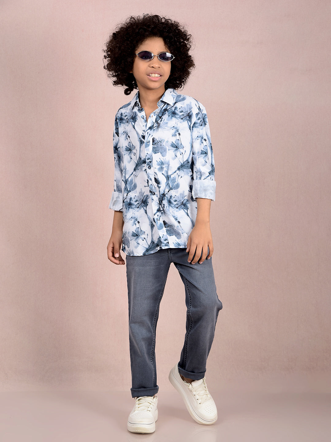 Grey Floral Print Shirt-Boys Shirts-Crimsoune Club