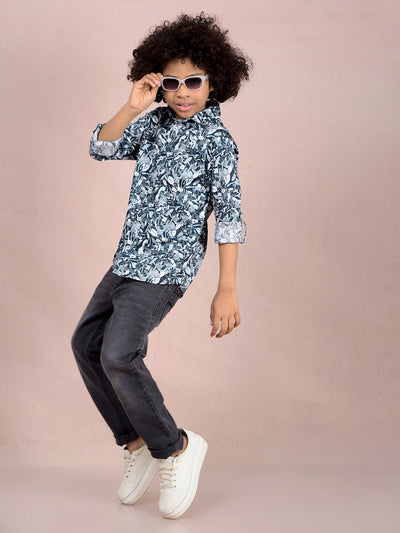 Blue Floral Print Shirt-Boys Shirts-Crimsoune Club