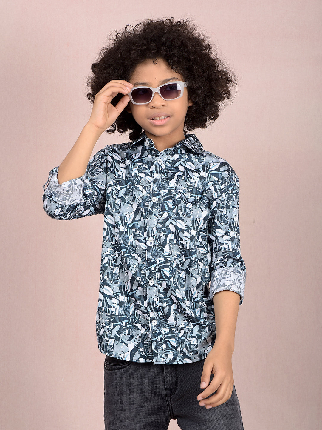 Blue Floral Print Shirt-Boys Shirts-Crimsoune Club
