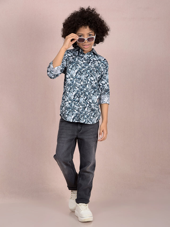 Blue Floral Print Shirt-Boys Shirts-Crimsoune Club