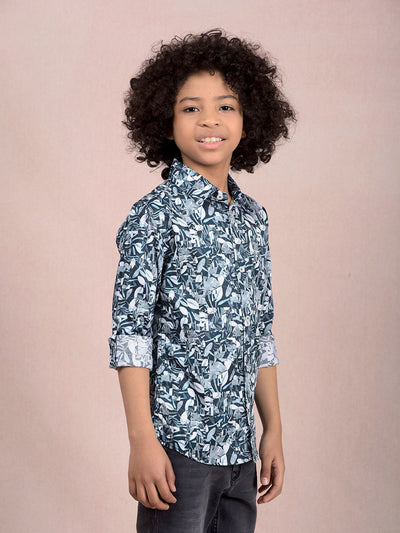 Blue Floral Print Shirt-Boys Shirts-Crimsoune Club