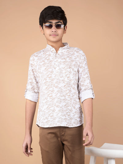 White Floral Print Linen Kurta-Boys Kurtas-Crimsoune Club
