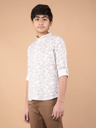 White Floral Print Linen Kurta-Boys Kurtas-Crimsoune Club