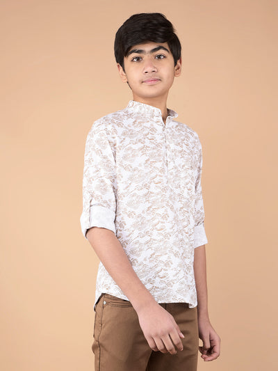 White Floral Print Linen Kurta-Boys Kurtas-Crimsoune Club