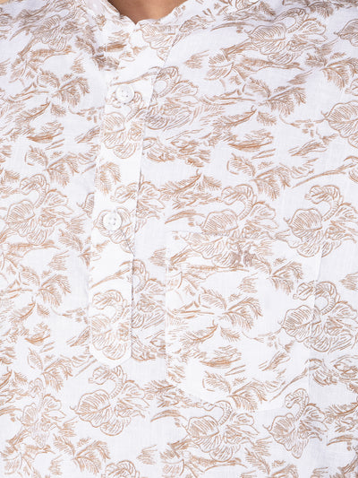 White Floral Print Linen Kurta-Boys Kurtas-Crimsoune Club