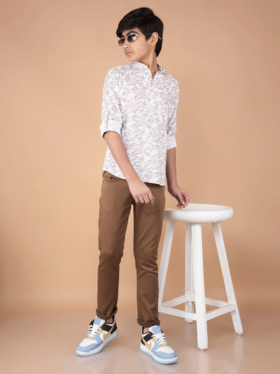 White Floral Print Linen Kurta-Boys Kurtas-Crimsoune Club
