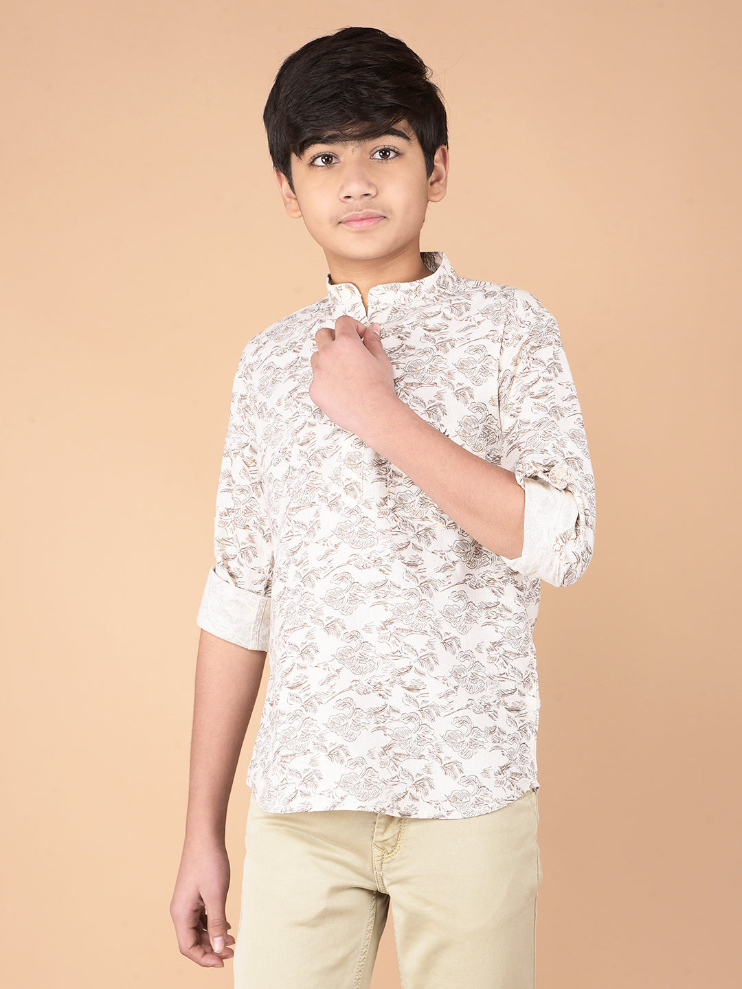 Beige Floral Print Linen Kurta-Boys Kurtas-Crimsoune Club