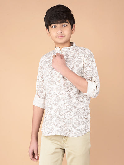 Beige Floral Print Linen Kurta-Boys Kurtas-Crimsoune Club