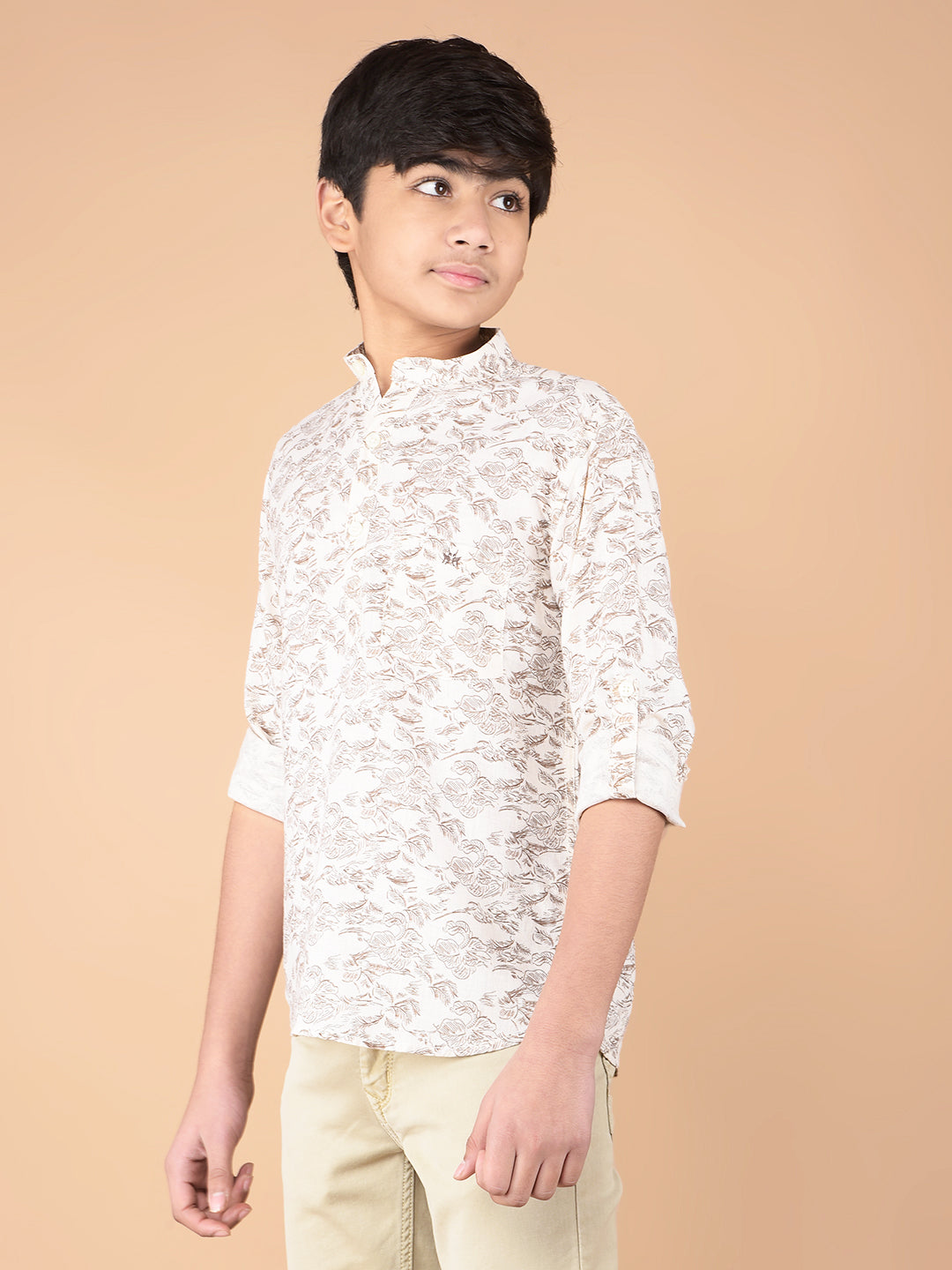 Beige Floral Print Linen Kurta-Boys Kurtas-Crimsoune Club