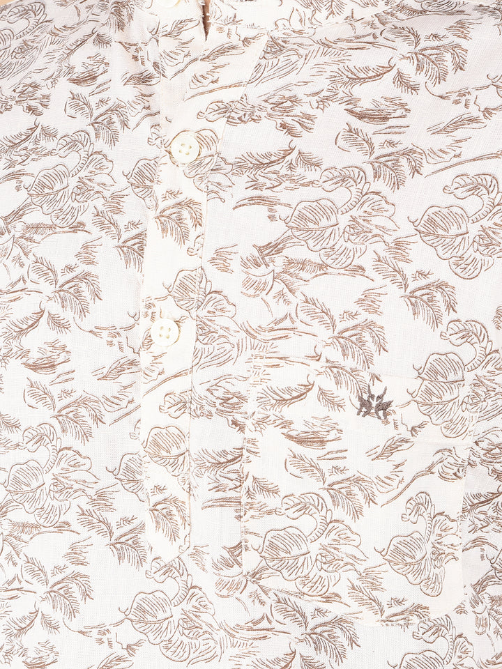 Beige Floral Print Linen Kurta-Boys Kurtas-Crimsoune Club