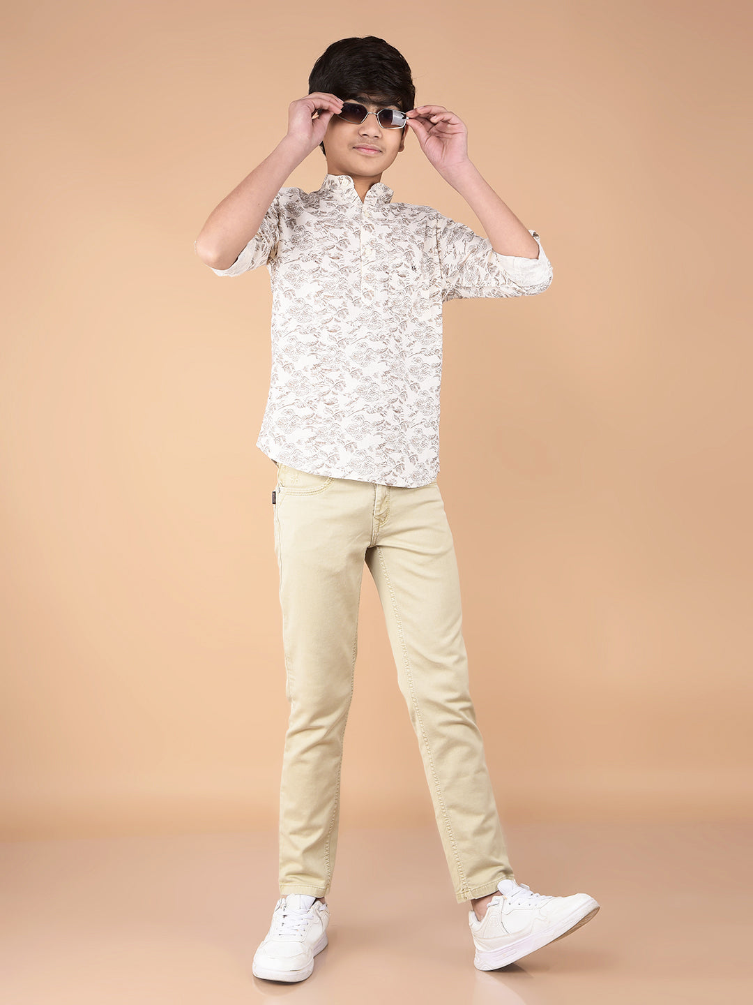 Beige Floral Print Linen Kurta-Boys Kurtas-Crimsoune Club