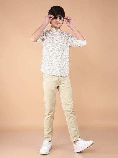 Beige Floral Print Linen Kurta-Boys Kurtas-Crimsoune Club