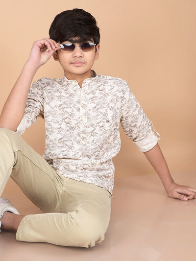 Beige Floral Print Linen Kurta-Boys Kurtas-Crimsoune Club