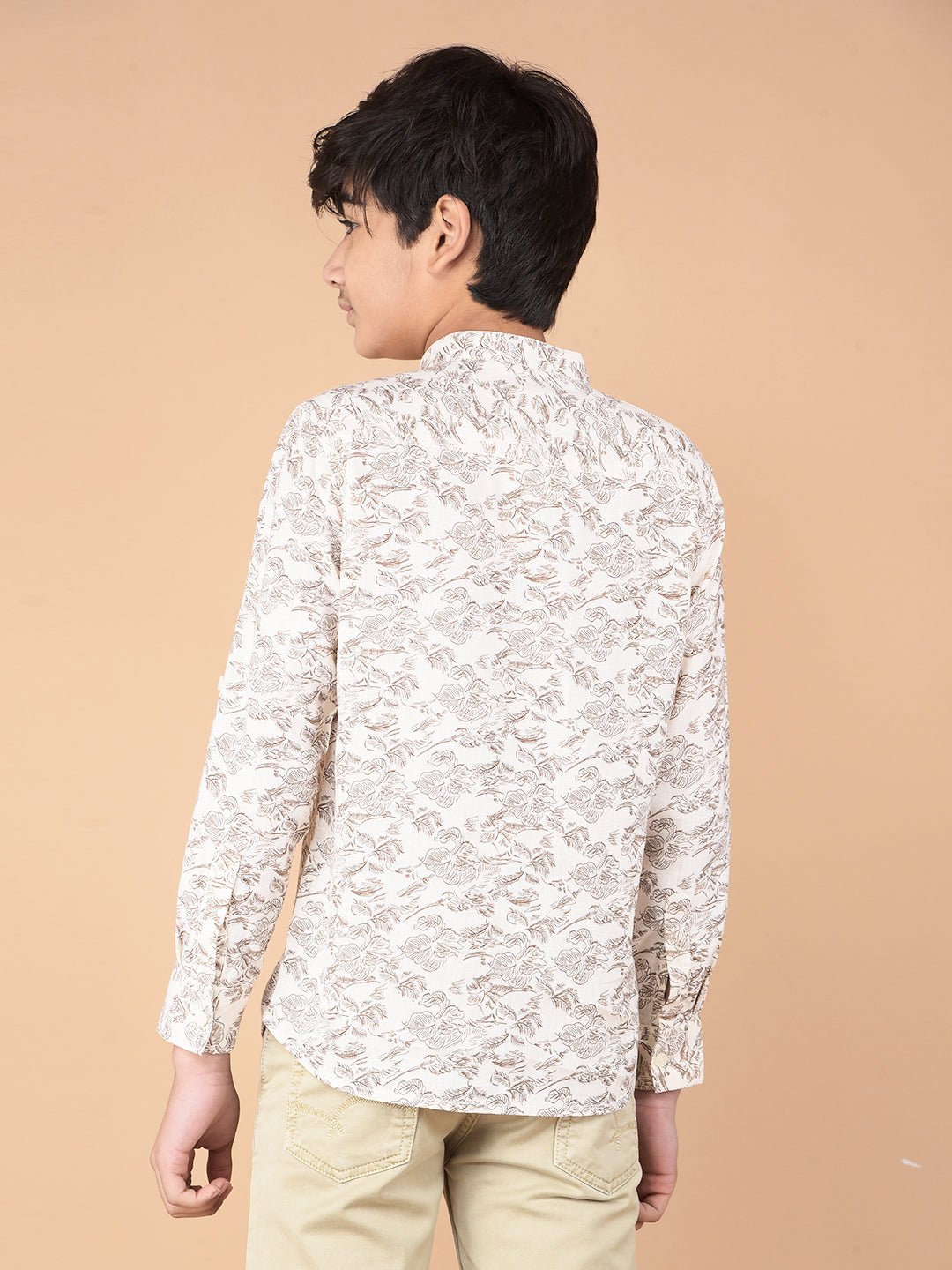 Beige Floral Print Linen Kurta-Boys Kurtas-Crimsoune Club