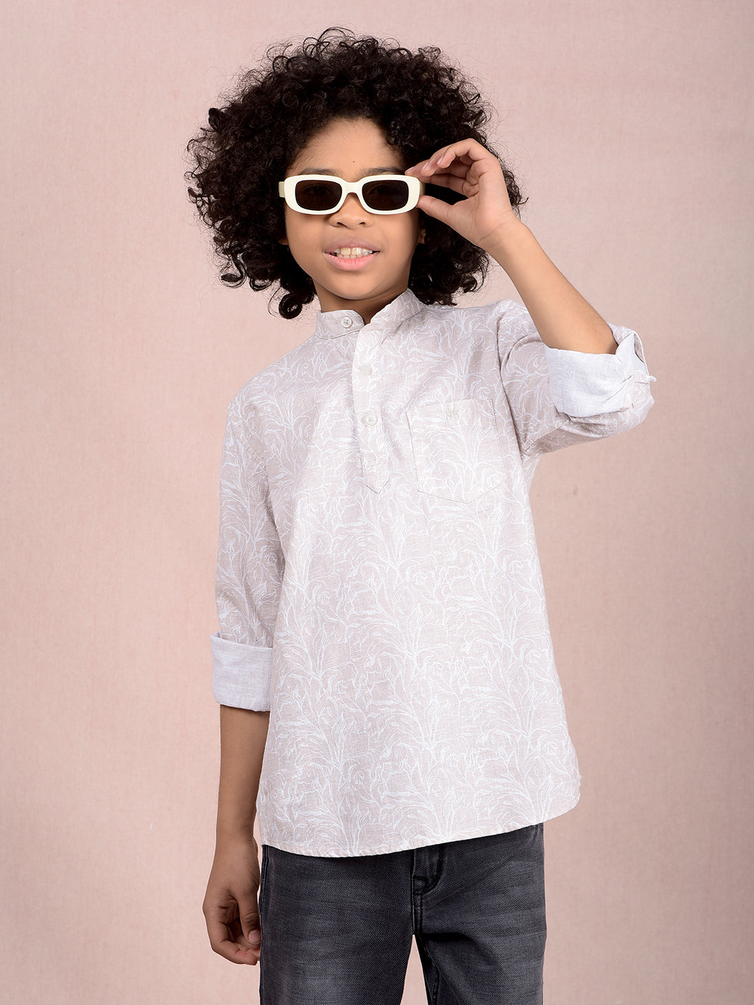 Beige Floral Print Kurta-Boys Kurtas-Crimsoune Club